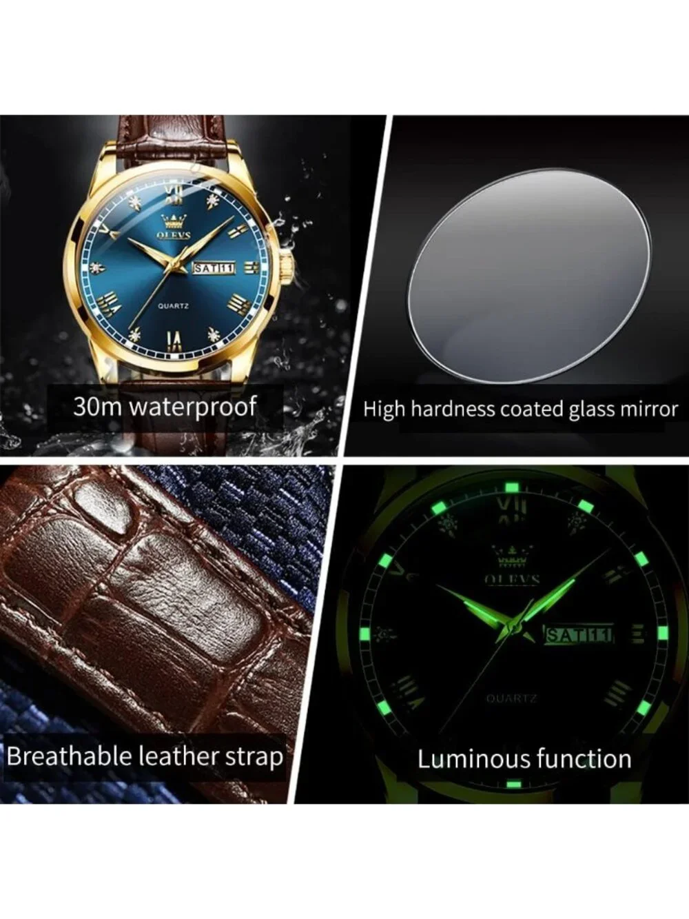 Men's Blue Fashion Quartz Leather Brown Buckle Waterproof Luminous Round Watch